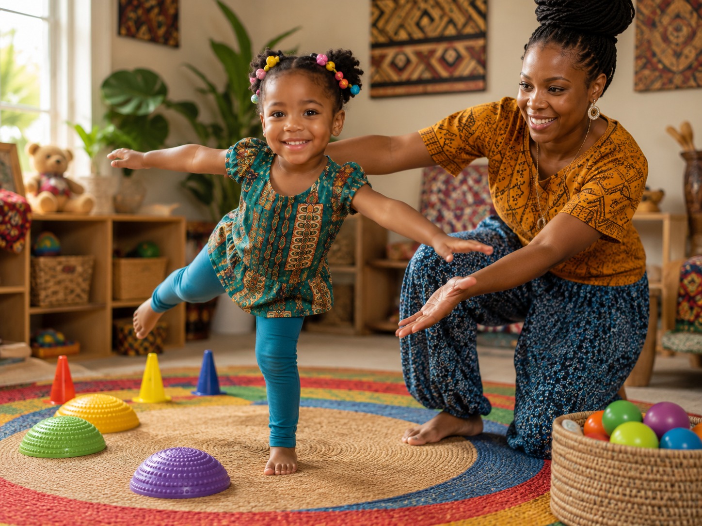 Kasaani, a young African American girl, practicing a safe balance activity with her guardian