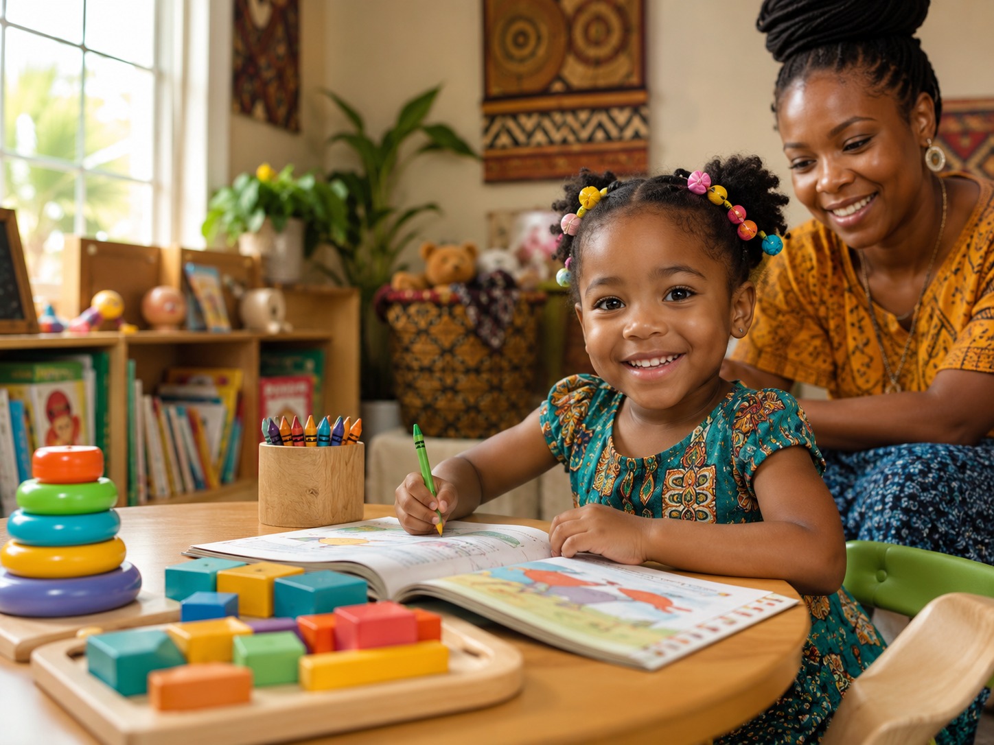 Kasaani, a four-year-old African American girl, learning with her guardian at a colorful Afro-centric activity table